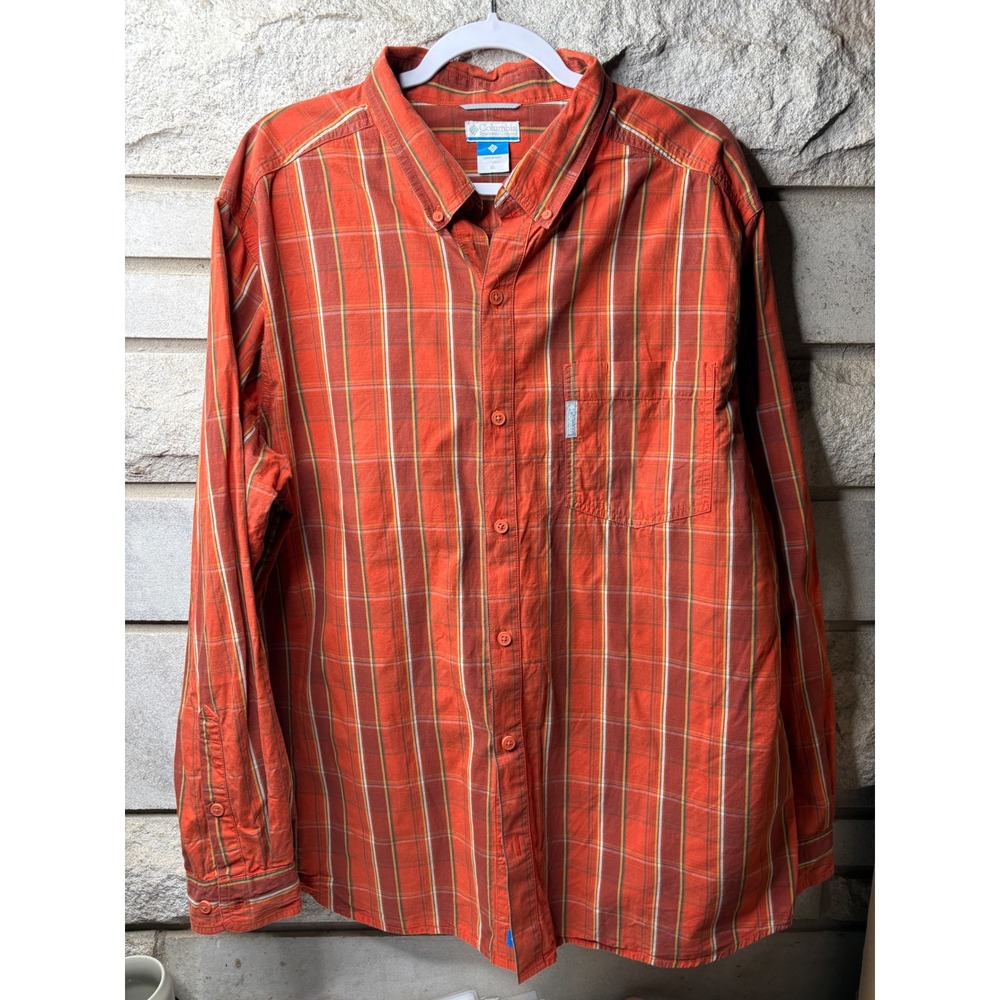 Columbia Mens XL Plaid Button Down Shirt Orange Long Sleeve Cotton AM7242